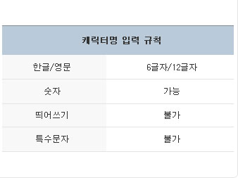 캐릭터명 입력 규칙