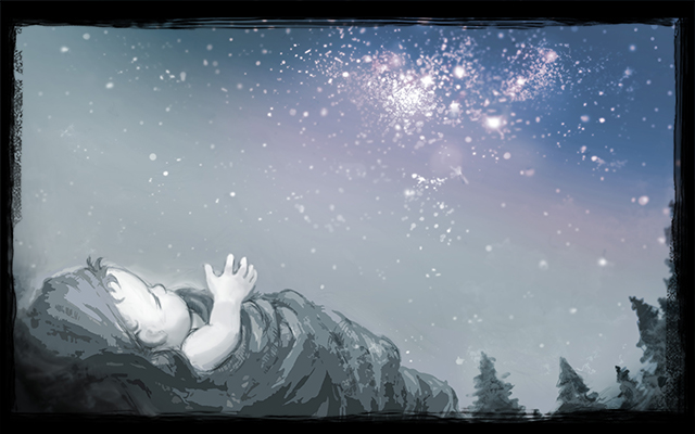 밤하늘의 별을 바라보고 있는 아기 허크